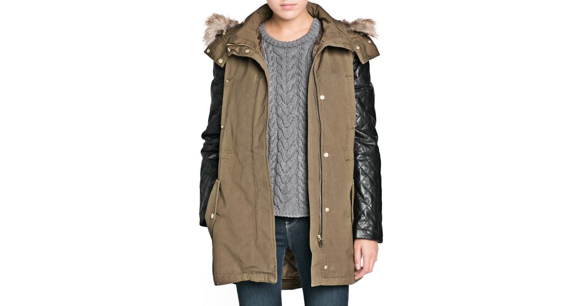 Mango Leather Sleeve Parka Jacket in Hunting Green (Green) Lyst