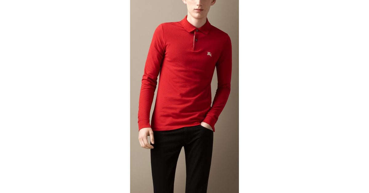 Burberry Cotton Long Sleeve Polo Shirt in Military Red (Red) for Men | Lyst