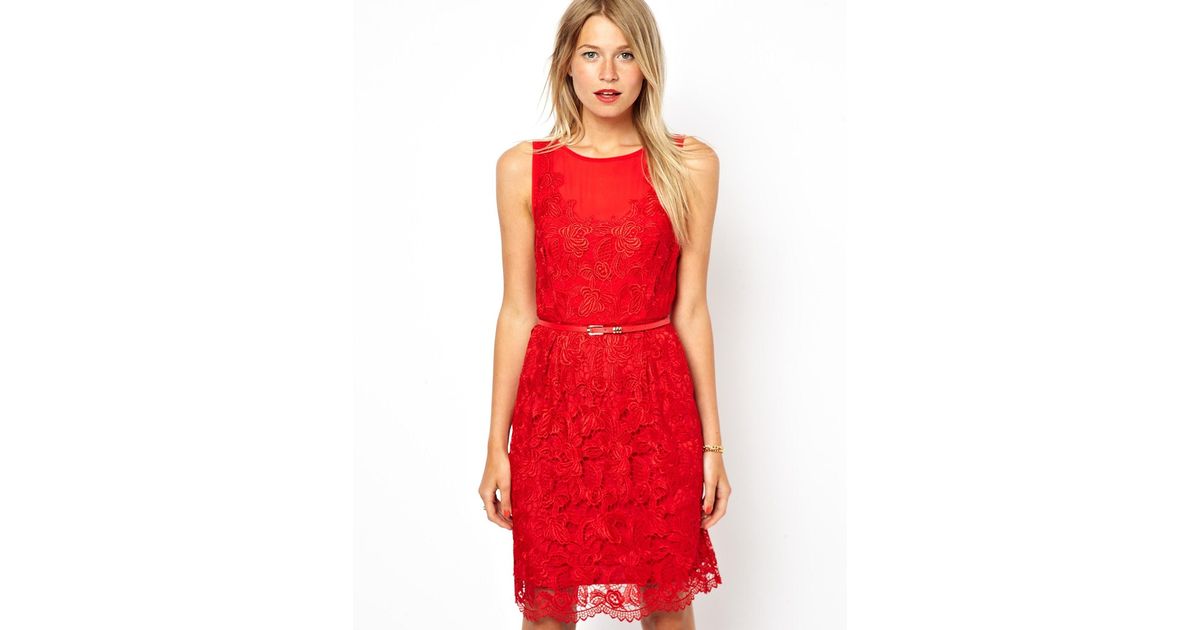 oasis red lace bardot dress