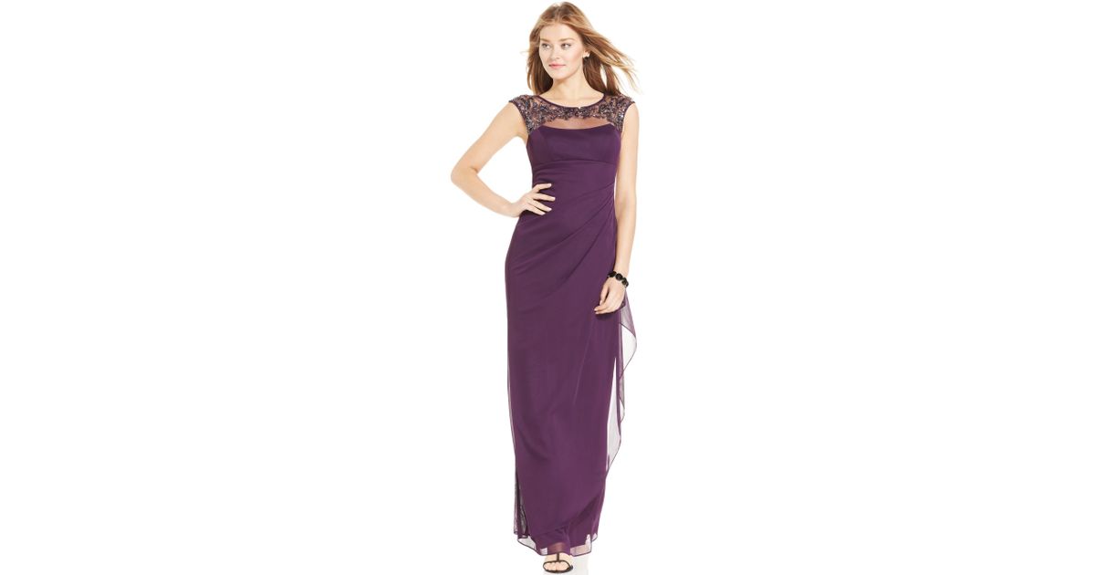xscape beaded cap sleeve illusion neck ruched gown