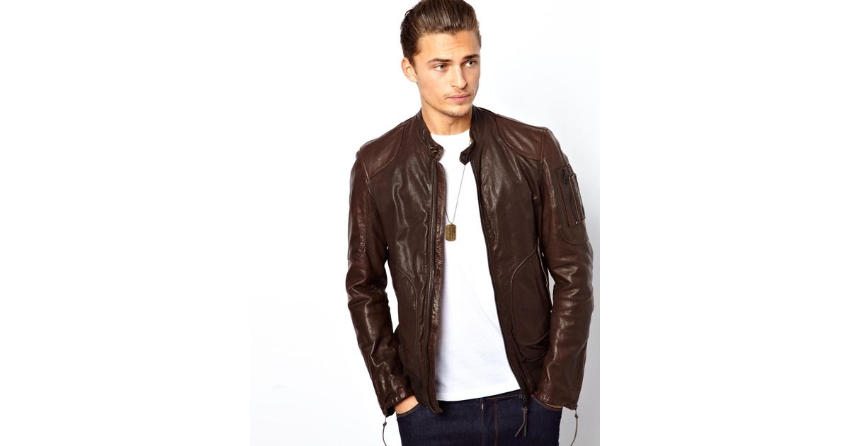 Asos Replay Leather Er Jacket In Brown For Men Lyst Asos Replay Leather Er Jacket In