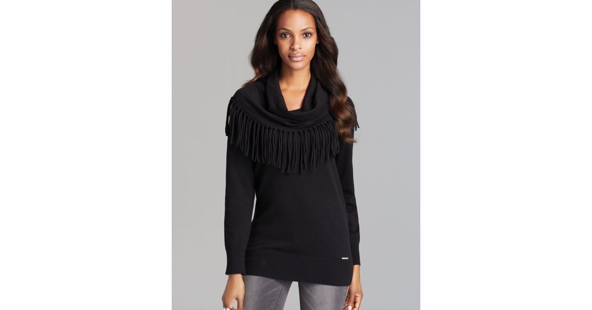 MICHAEL Michael Kors Fringe Cowl Neck Sweater in Black - Lyst