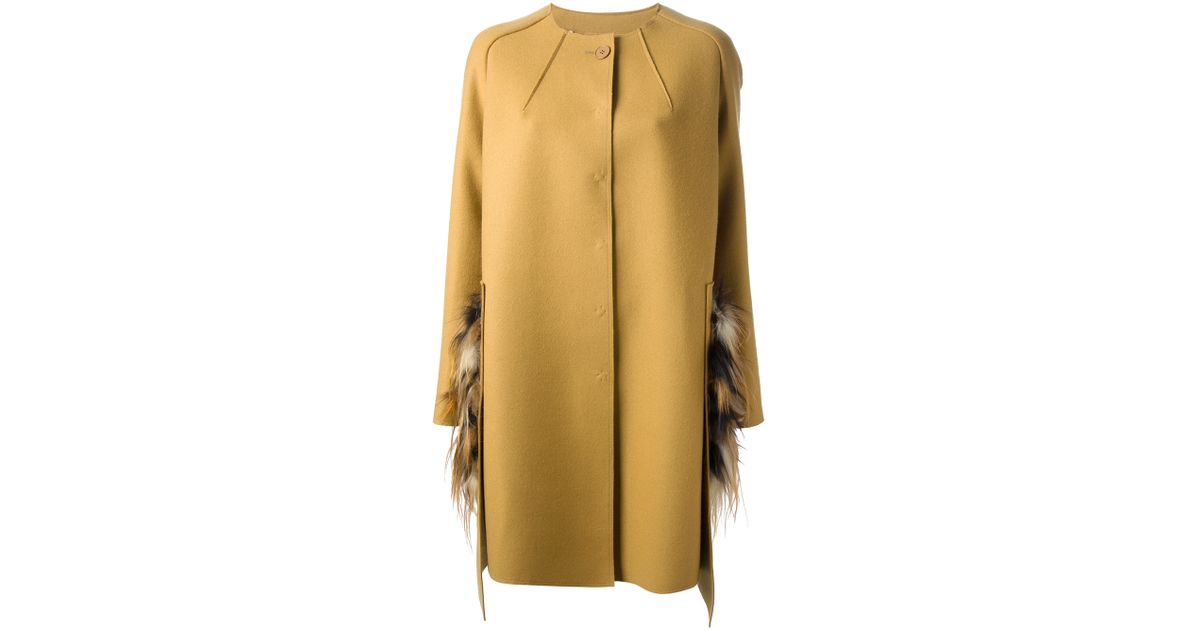 Fendi Fur Pocket Coat In Yellow, Fendi Wool Coat With Fur Pockets