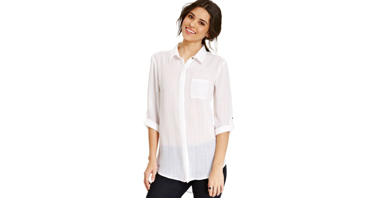 white sheer button down shirt