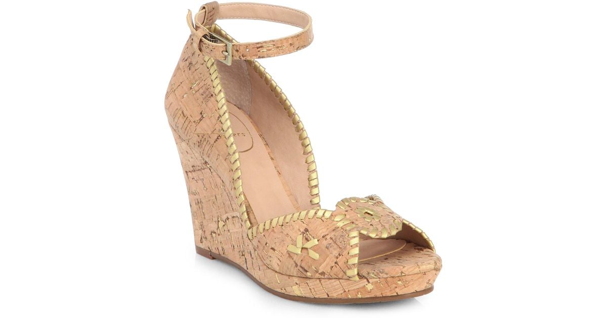 Jack Rogers Chrystie Cork & Metallic Leather Wedge Sandals in GoldRose