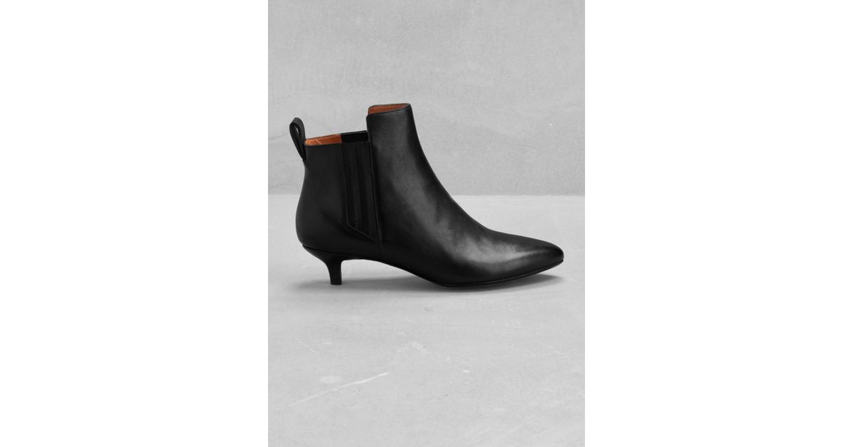 black leather kitten heel ankle boots