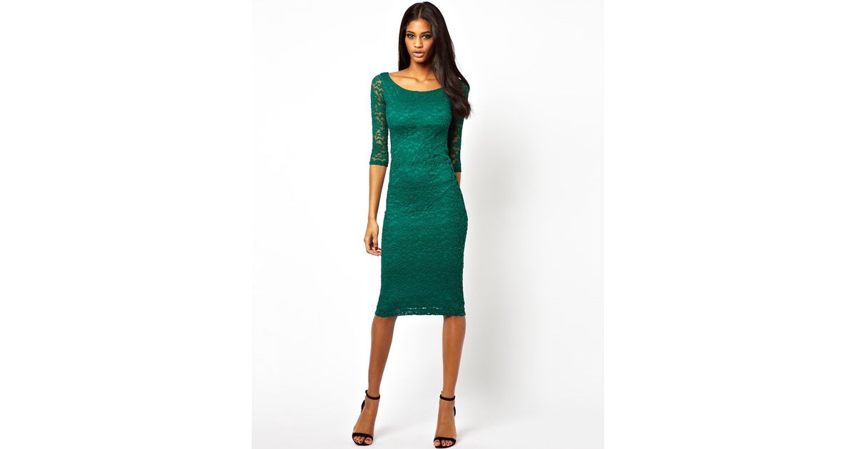 Lyst - Asos Bardot Lace Midi Dress in Green