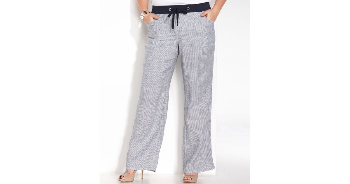grey and white striped linen pants