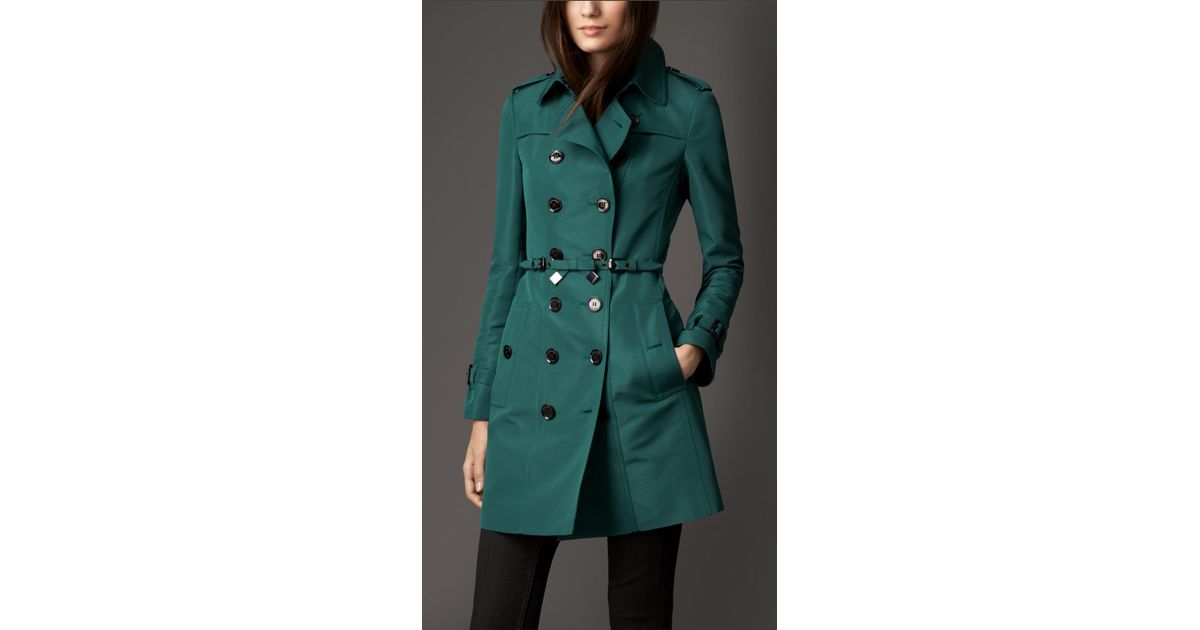 Burberry Mid Length Silk Blend Faille Trench Coat in Dark Teal (Green ...