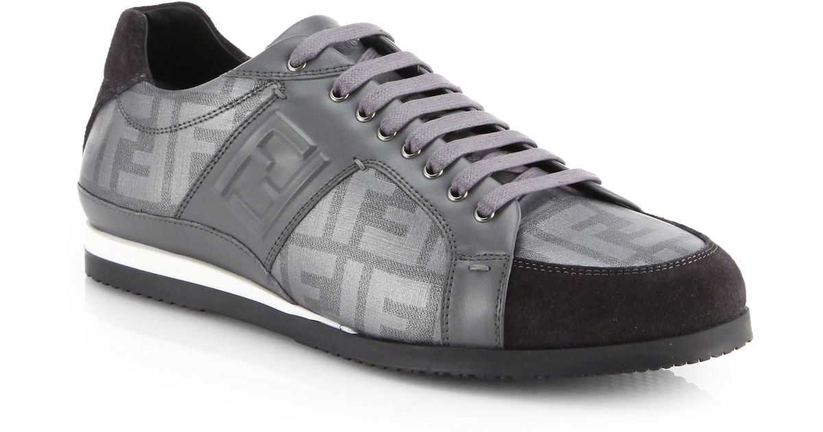 Fendi Leather Zucca Laceup Sneakers in 