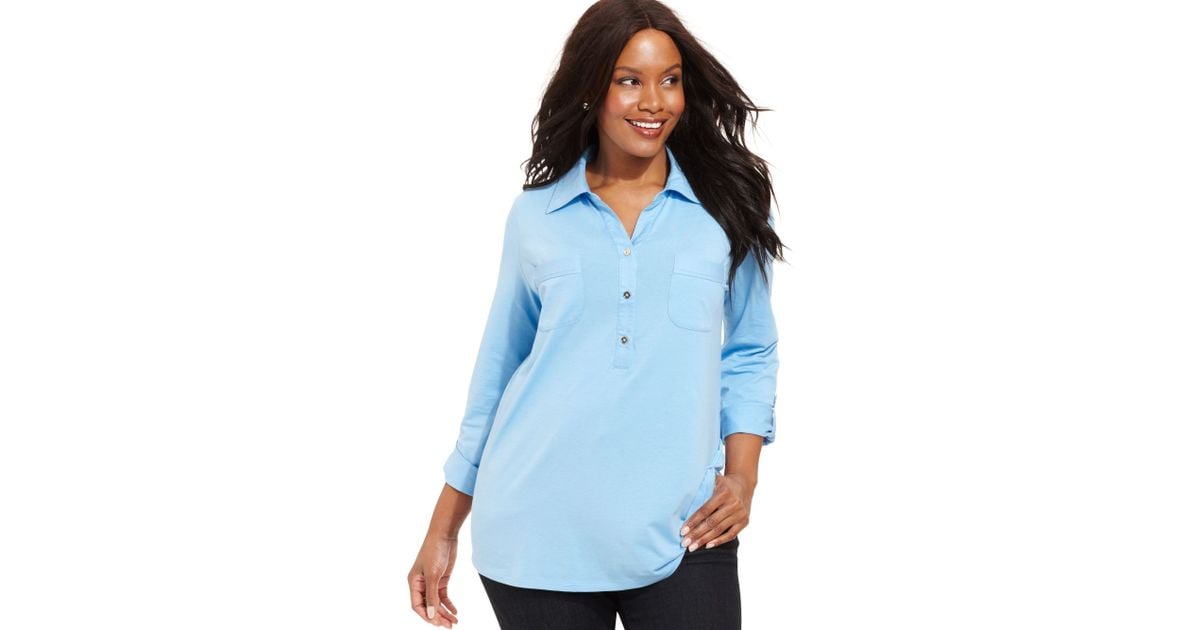 Jones New York Signature Plus Size Longsleeve Polo Shirt in Sky (Blue