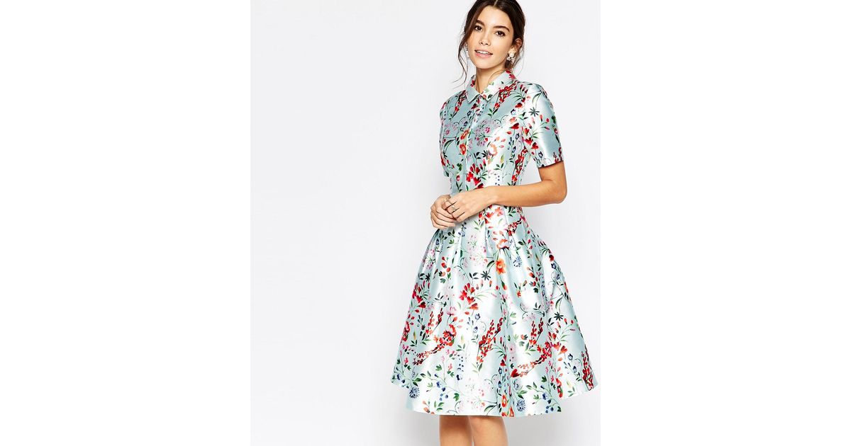 Chi Chi London Midi Dress On Sateen With Collar And Sleeves - Multi Floral  in Blue | Lyst