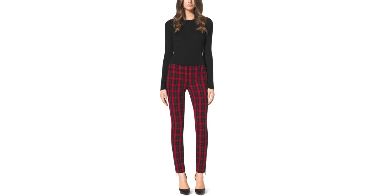 red tartan skinny trousers