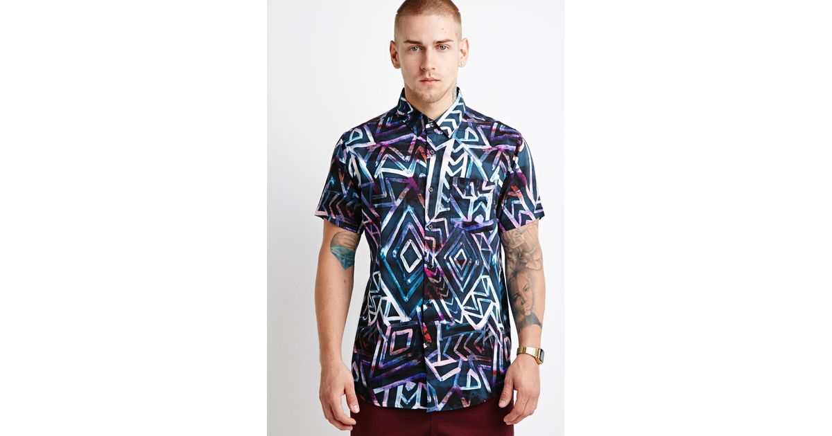 Forever 21 Denim Watercolor Abstract Print Shirt In Black Blue