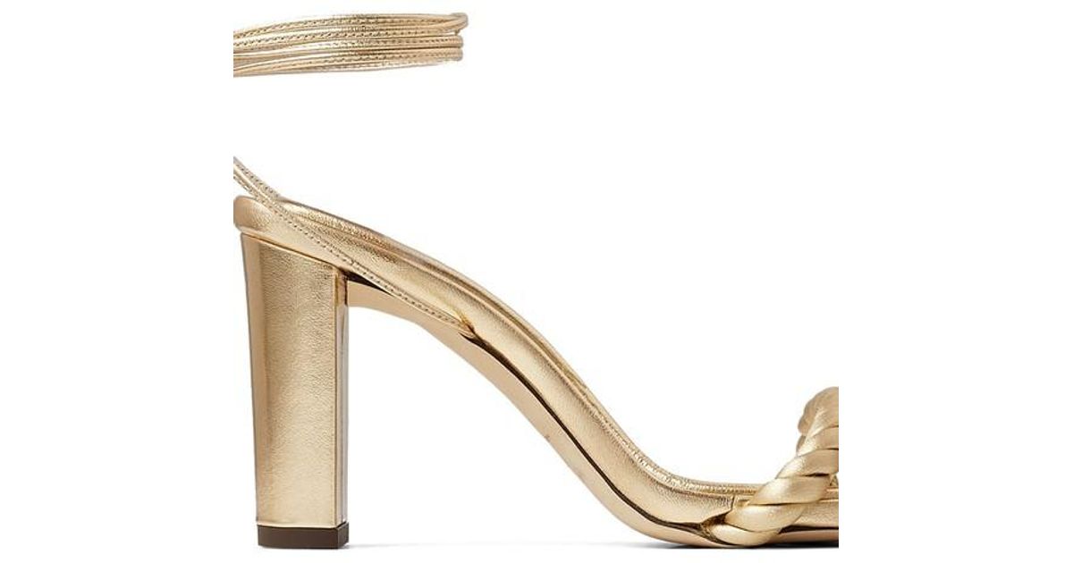 JIMMY CHOO Diosa 85 metallic leather sandals â gold square toe ankle wrap sandal â luxe block 