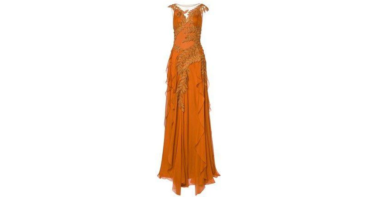 Alberta Ferretti Eco-friendly Chiffon Dress With Floral Pattern Lace in  Brown | Lyst