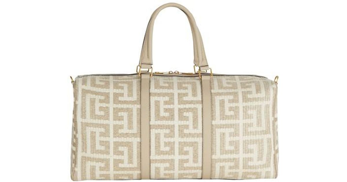 Balmain Travel Bag In Raffia With Monogram And Smooth Leather in