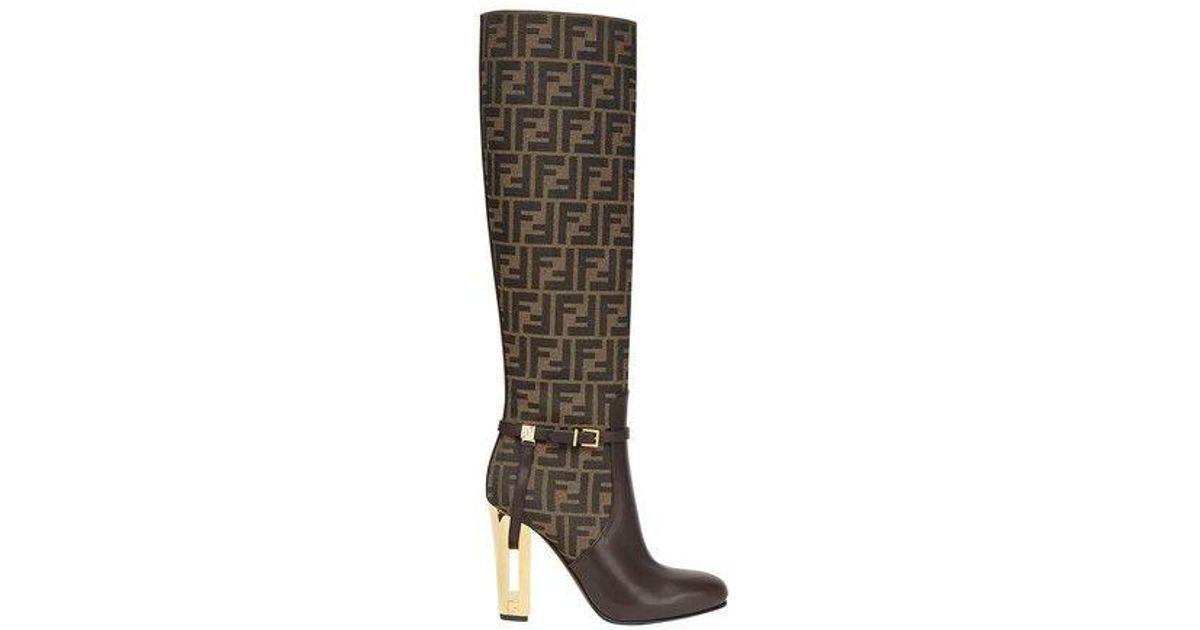 Fendi Ff 105mm Leather Traced Heel Tall Boots in Brown | Lyst