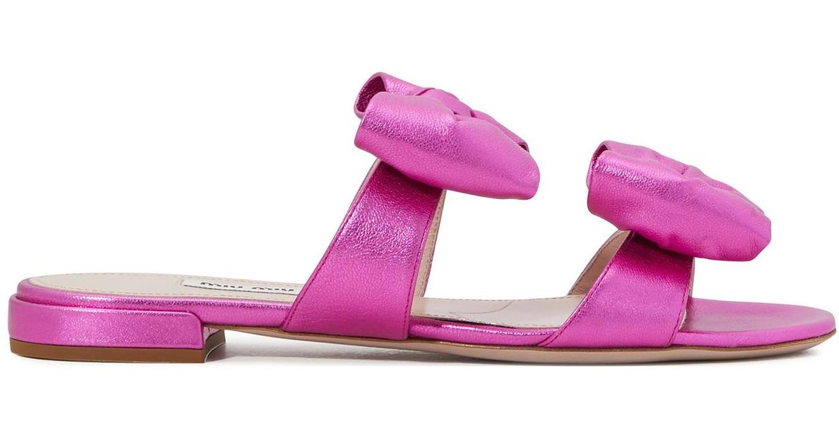 Miu Miu Leather Double Bow Mules in Pink Metallic (Pink) | Lyst