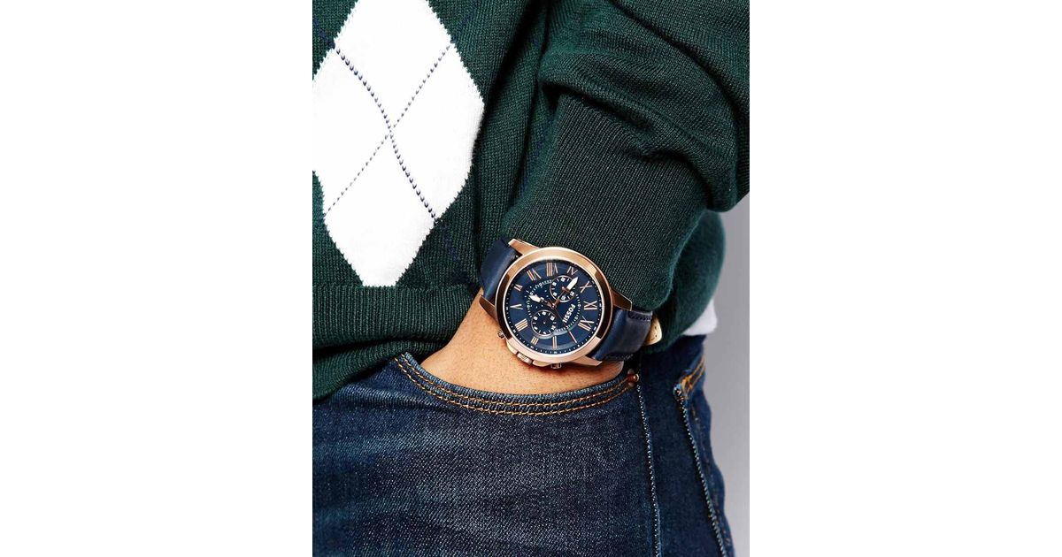 fossil grant sport chronograph blue leather watch