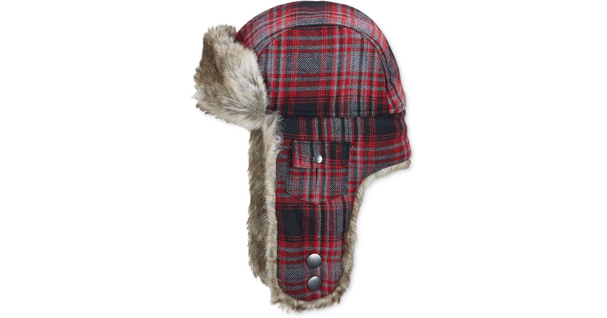 Woolrich Plaid Arctic Trapper Hat With Fauxfur Earflaps in Black for