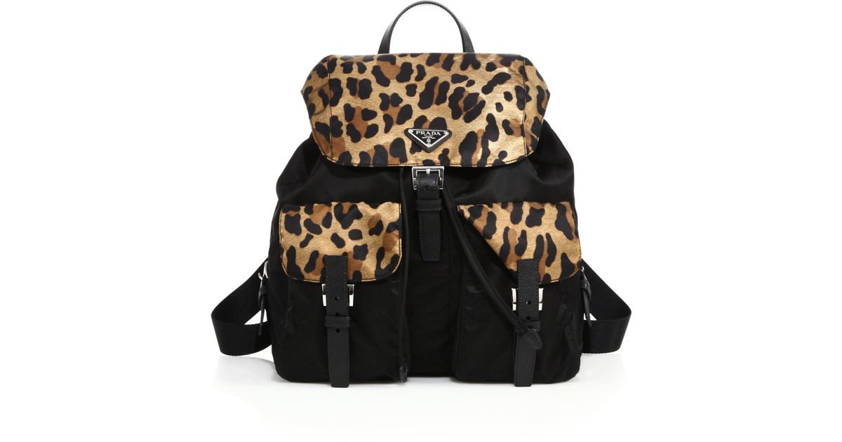 Prada Leopard-print Nylon Backpack in Black-Tan (Black) - Lyst