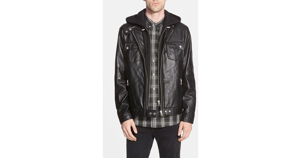 7 Diamonds Black Los Angeles Trim Fit Leather Moto Jacket With Inset Hood For Men
