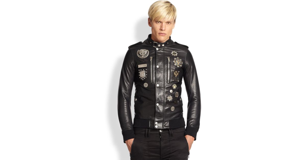 Lyst Diesel Black Gold Embellished Leather Military Jacket in Black