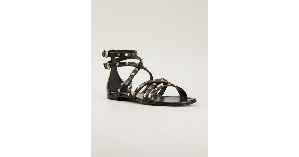Saint Laurent Studded Flat Sandals in Black - Lyst
