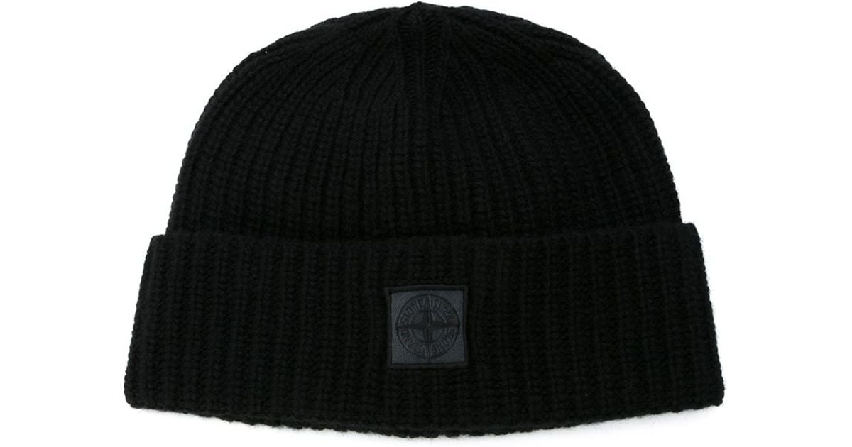 Stone Island Logo Patch Beanie in Black for Men - Lyst