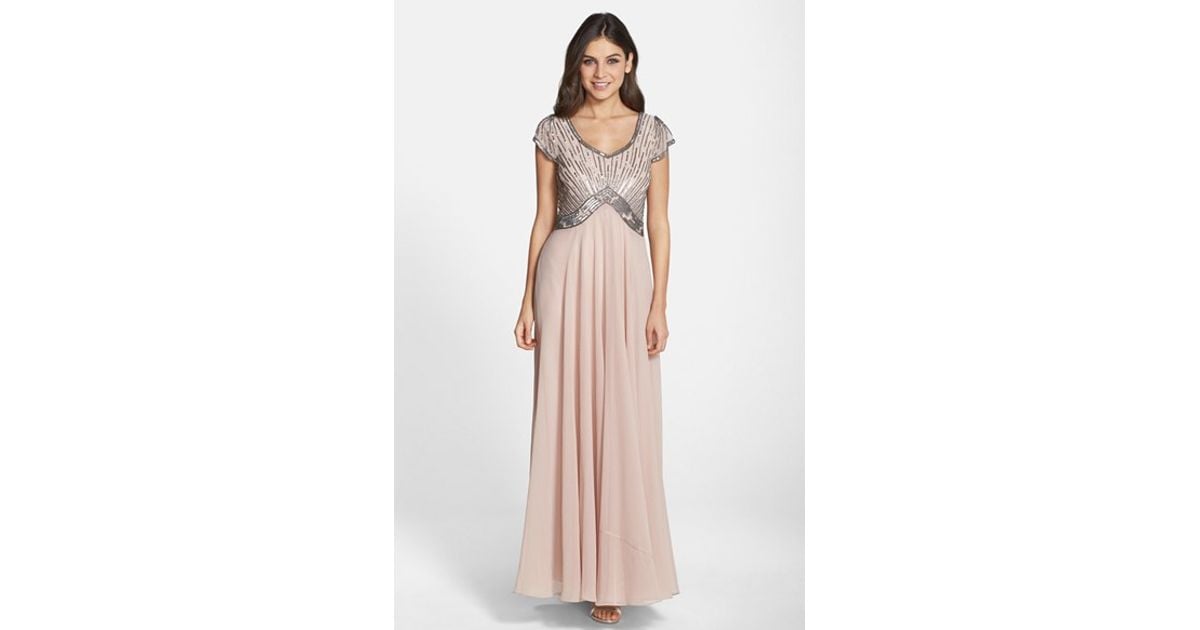 jkara sequin bodice chiffon gown