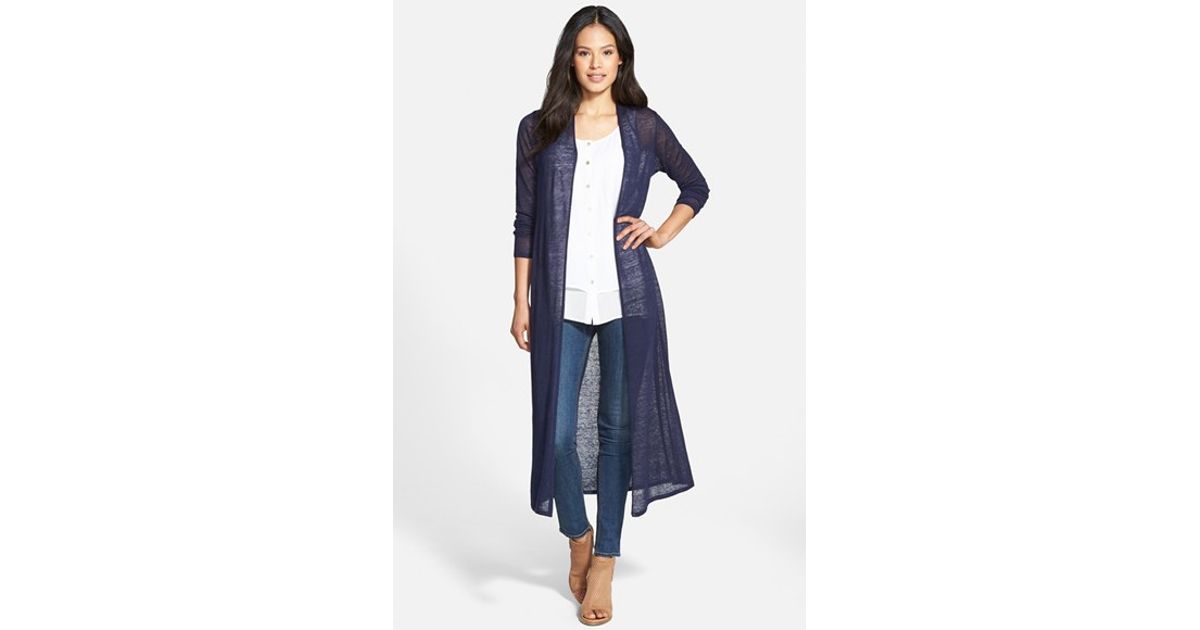 Eileen Fisher Blue Full Length Sheer Hemp Blend Cardigan