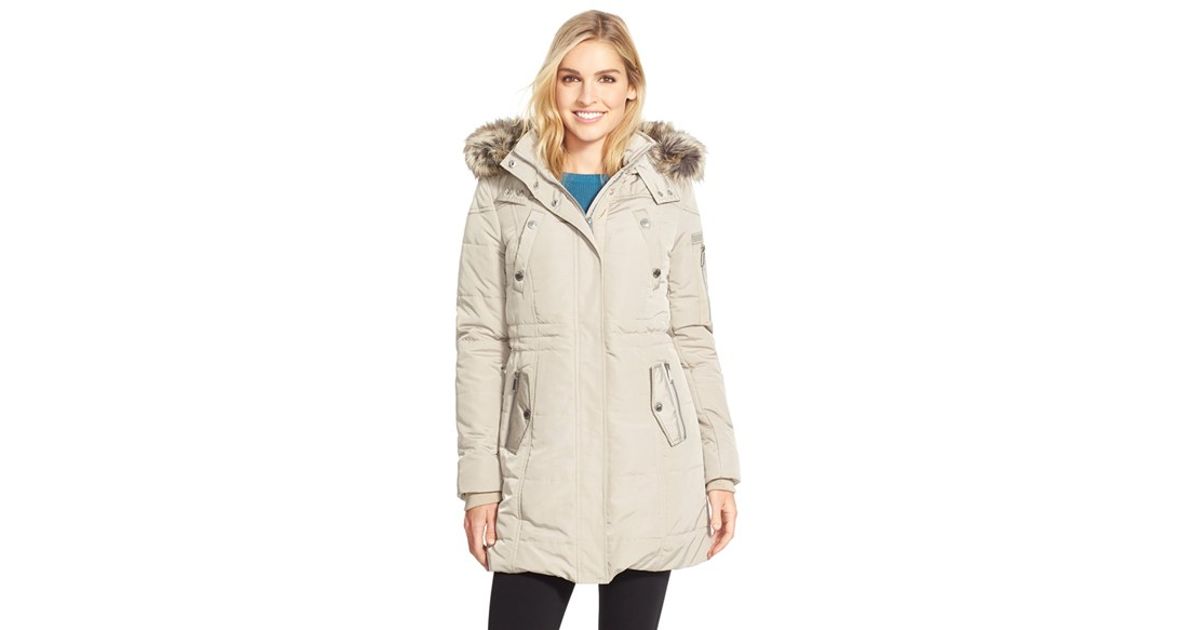 bcbgeneration faux fur trim hooded quilted jacket