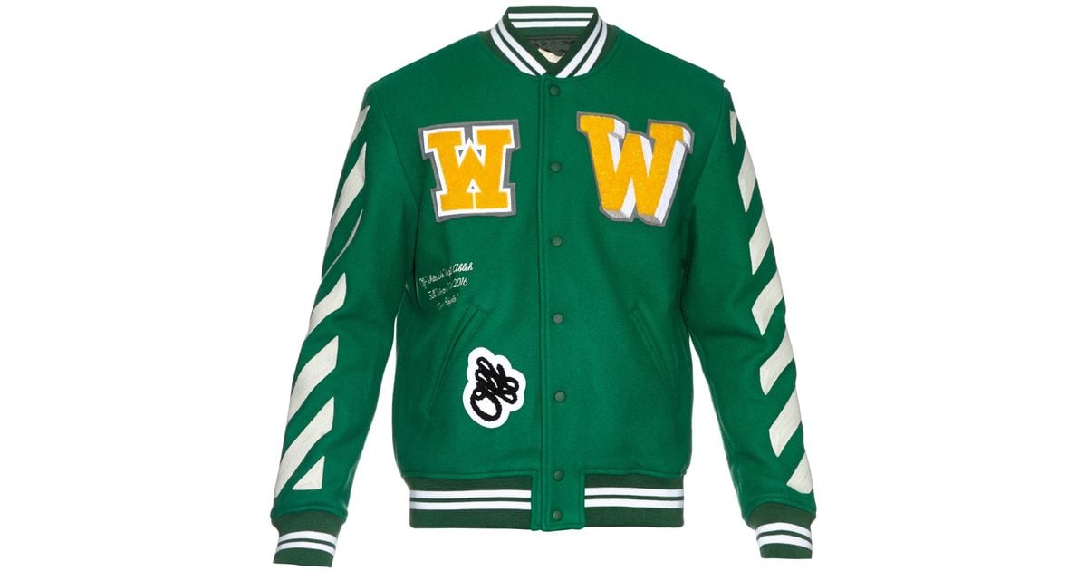 Off-White c/o Virgil Abloh Letterman Wool-blend Varsity Jacket in Green for Men | Lyst