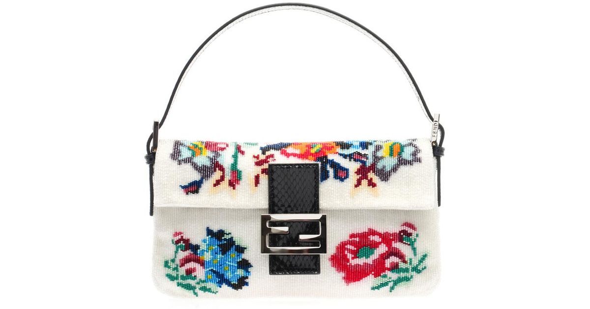 Floral Beaded Baguette Bag in White