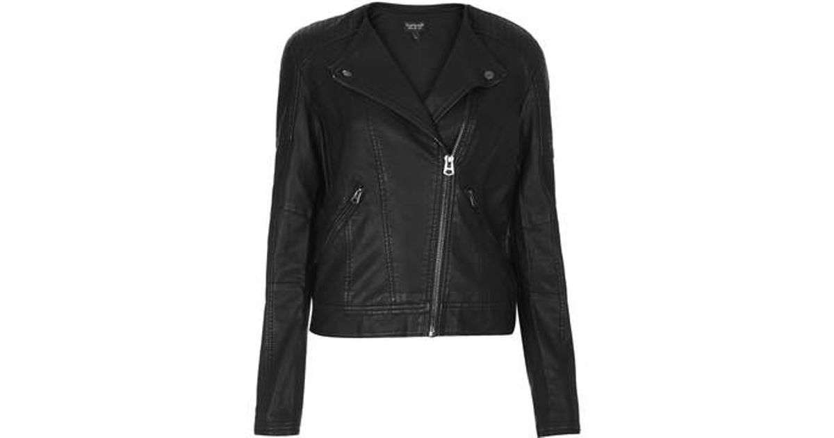 Top Black Collarless Faux Leather Biker Jacket