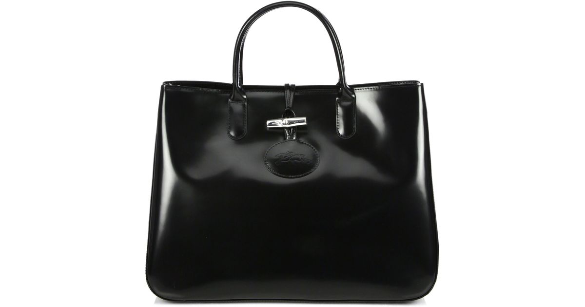 Longchamp Roseau Large Patent Leather Box Tote in Black | Lyst