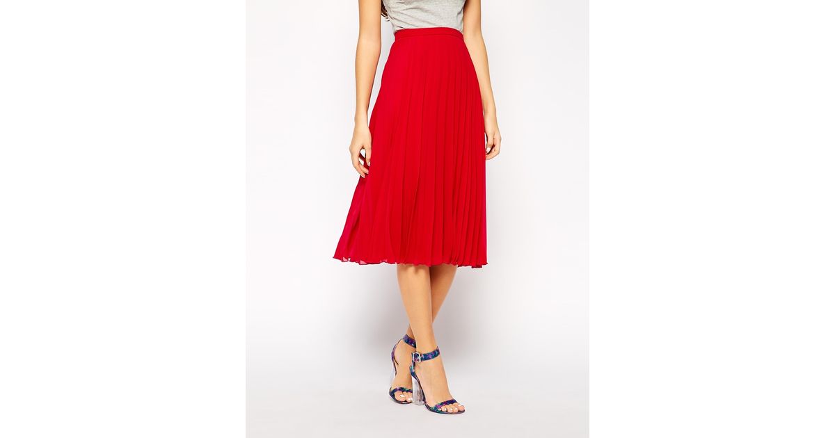 ASOS Midi Pleated Skirt in Red | Lyst