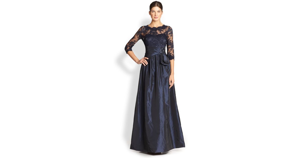 Teri Jon Lace Embroidered Illusion Gown in Navy (Blue) Lyst