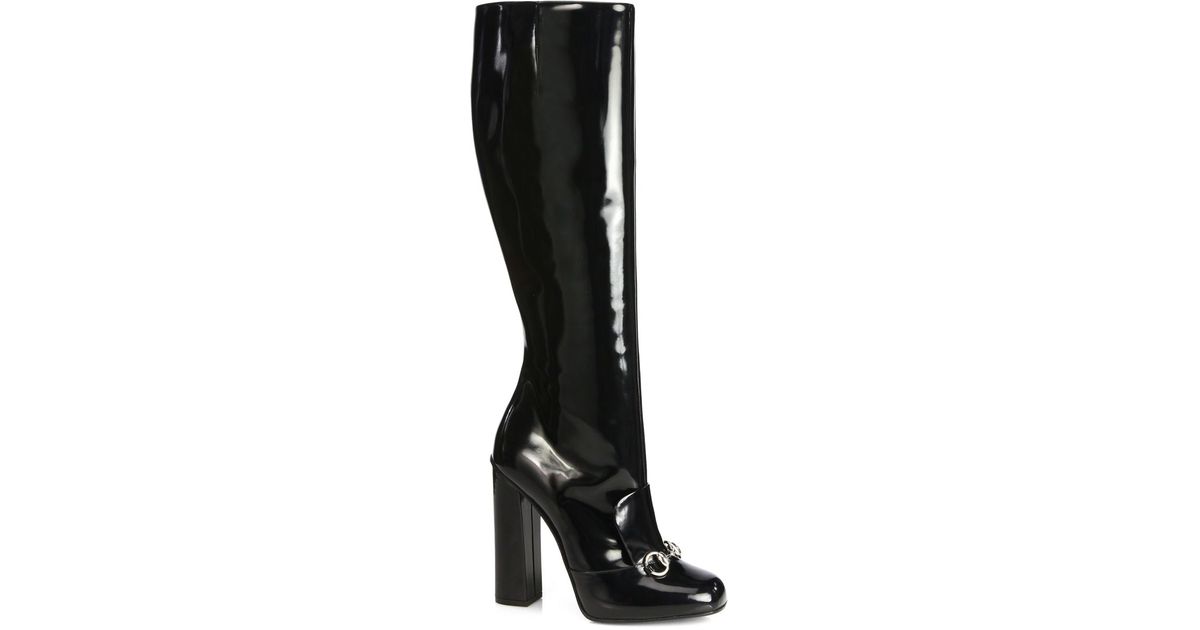 Gucci Lillian Horsebit Patent Leather Knee-high Boots in Black - Lyst