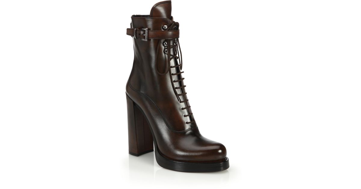 Prada Burnished Leather Lace-up Booties in Brown | Lyst