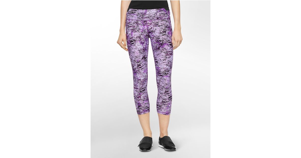 Calvin Klein Synthetic Performance Watercolor Print Mesh Crop Leggings in Bright Purple Combo