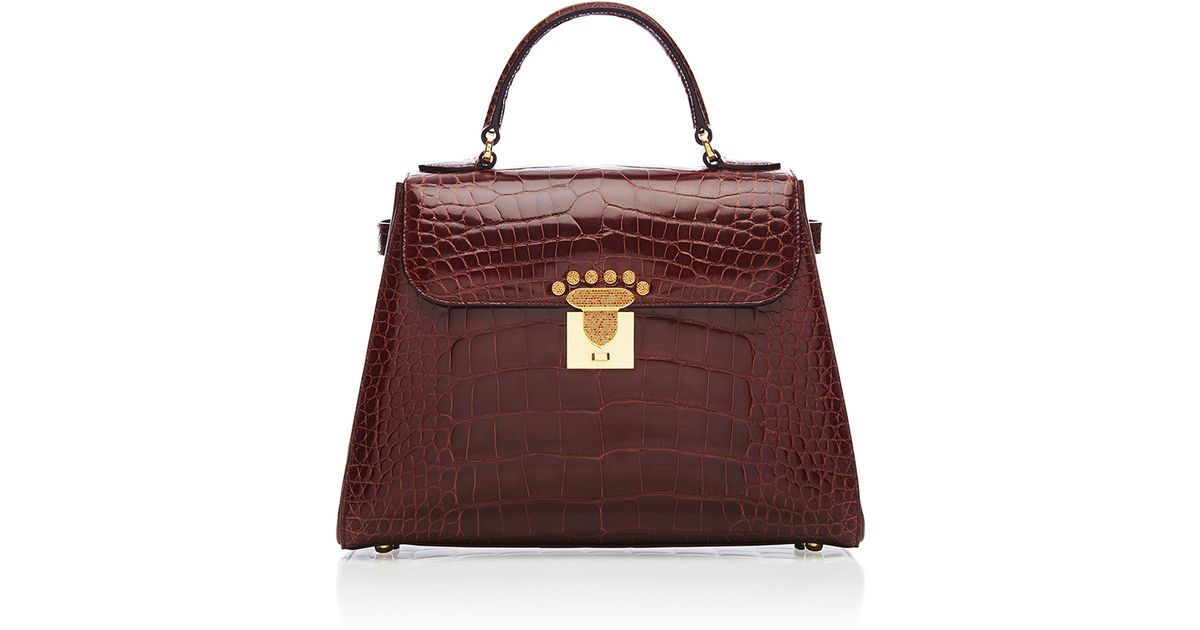 Asprey Brown Private Collection 167 Handbag In Mahogany Polished Crocodile With 18k Yellow Gold And Cognac Diamonds