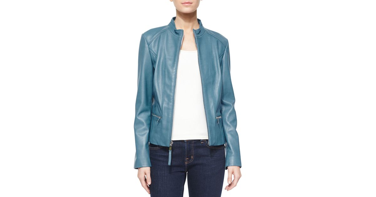 Neiman marcus Washed Lambskin Leather Jacket in Blue (WASHED BLUE) | Lyst