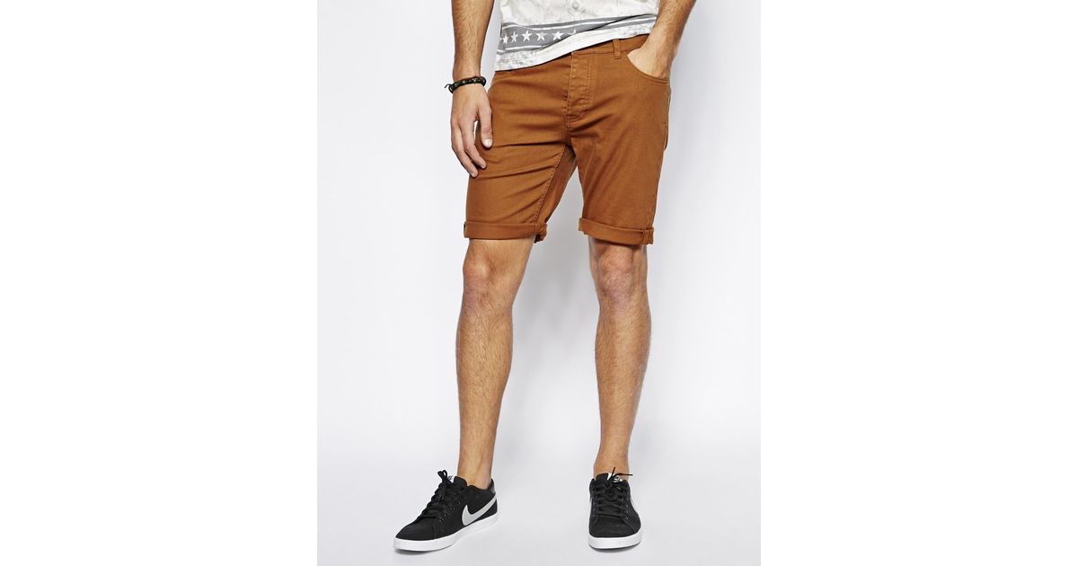 Lyst Asos Denim Shorts in Skinny Fit Mid Length in Brown for Men
