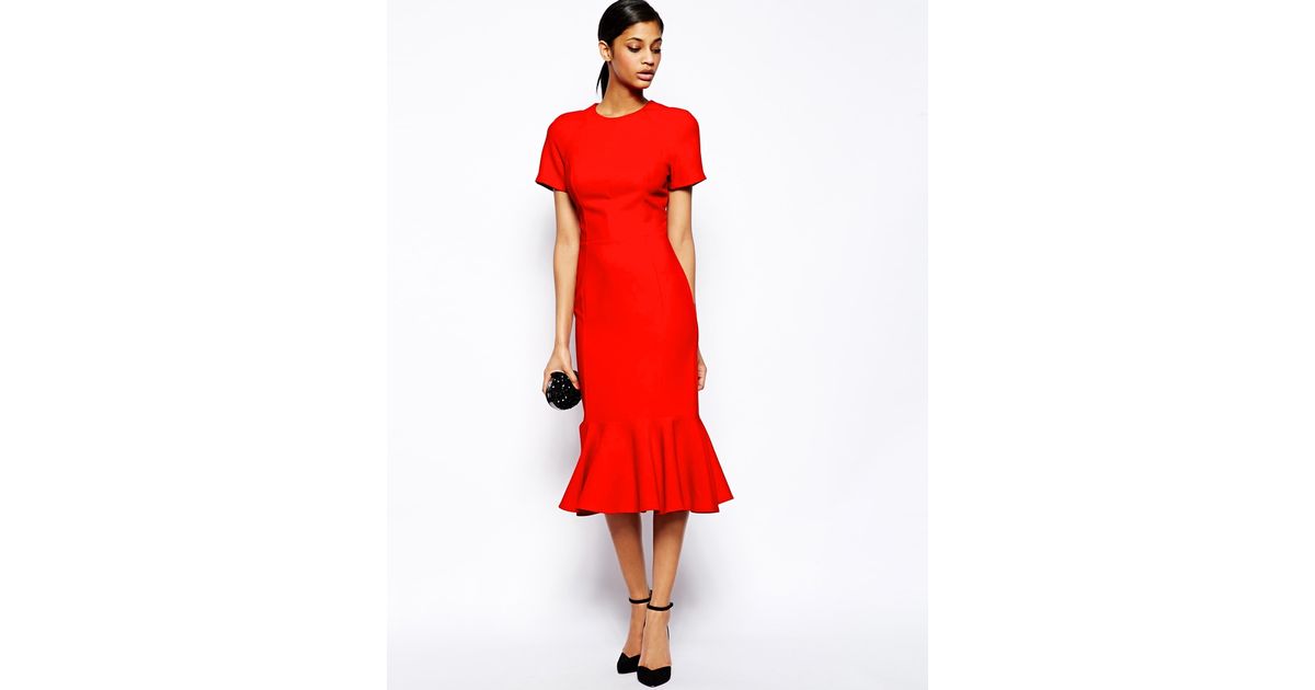 ASOS Midi Dress With Peplum Hem in Red ...