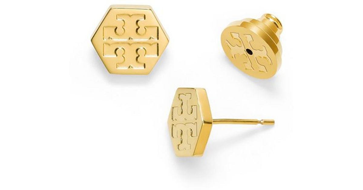 Tory Burch Hexagon Logo Stud Earring in Metallic | Lyst