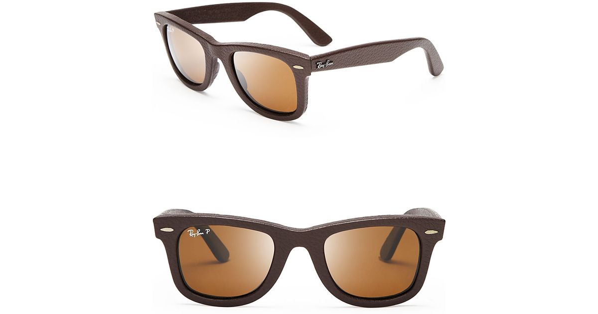 Ray-Ban Polarized Leather Wayfarer Sunglasses in Brown for Men | Lyst