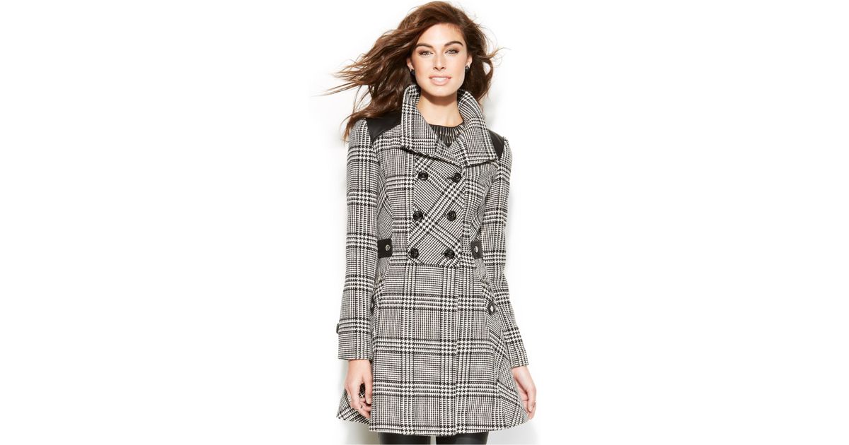 Guess Double Breasted Plaid A Line Coat in Gray Lyst