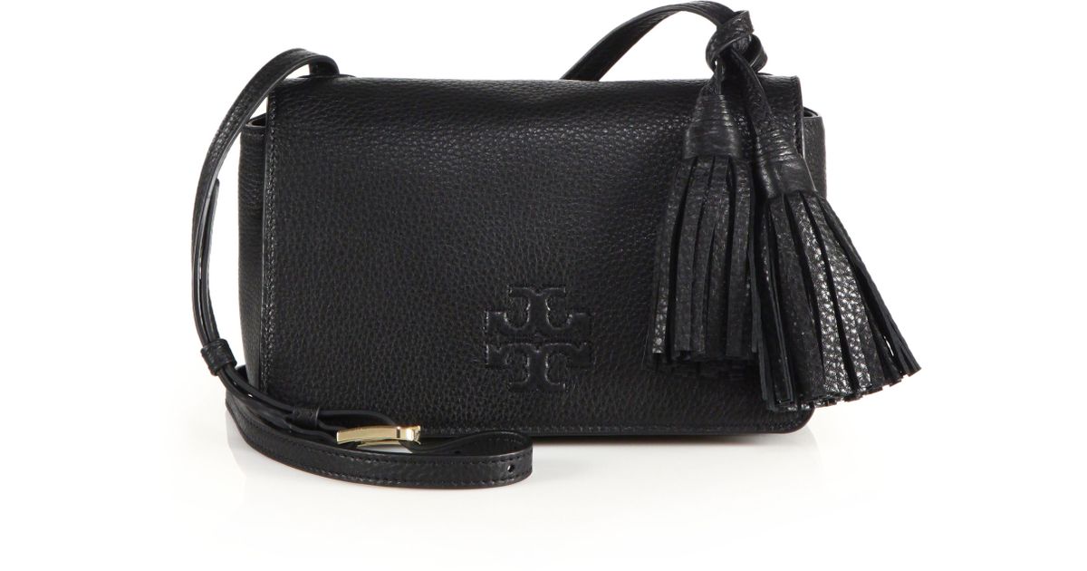 Tory Burch Thea Mini Leather Tassel Crossbody Bag in Black | Lyst